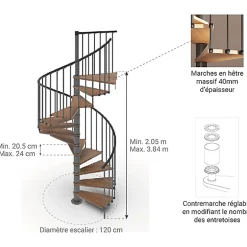 Matisere Escalier colimaçon 10 marches - Haut. à franchir 2.05 à 2.40m - Diam. 120cm - Trémie ronde - Struct. anthracite / marches noyer -- Escalier Colimaçon