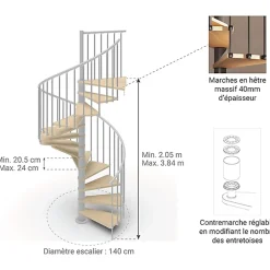 Matisere Escalier colimaçon 14 marches - Haut. à franchir 2.87 à 3.36m - Diam. 140cm - Struct. grise / marches naturel- Trémie ronde -- Escalier Colimaçon