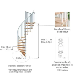 Matisere Escalier colimaçon 11 marches - Hauteur à franchir 2.09 à 2.59m - Diamètre 120cm - Structure blanche et marche hêtre -- Escalier Colimaçon