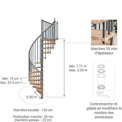 Matisere Escalier colimaçon 11 marches - Hauteur à franchir 2.09 à 2.59m - Diamètre 120cm - Structure grise et marche hêtre - BERL120-GH-11- Escalier Colimaçon
