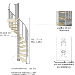 Matisere Escalier colimaçon 11 marches - Hauteur à franchir 2.26 à 2.64m - Diamètre 138cm - Bois et blanc - Sens anti-horaire -- Escalier Colimaçon