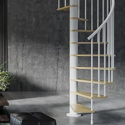 Matisere Escalier colimaçon 11 marches - Hauteur à franchir 2.26 à 2.64m - Diamètre 138cm - Bois et blanc - Sens anti-horaire -- Escalier Colimaçon
