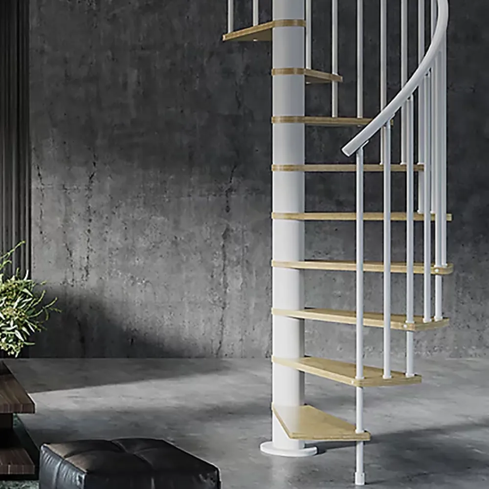 Matisere Escalier colimaçon 11 marches - Hauteur à franchir 2.26 à 2.64m - Diamètre 138cm - Bois et blanc - Sens anti-horaire -- Escalier Colimaçon