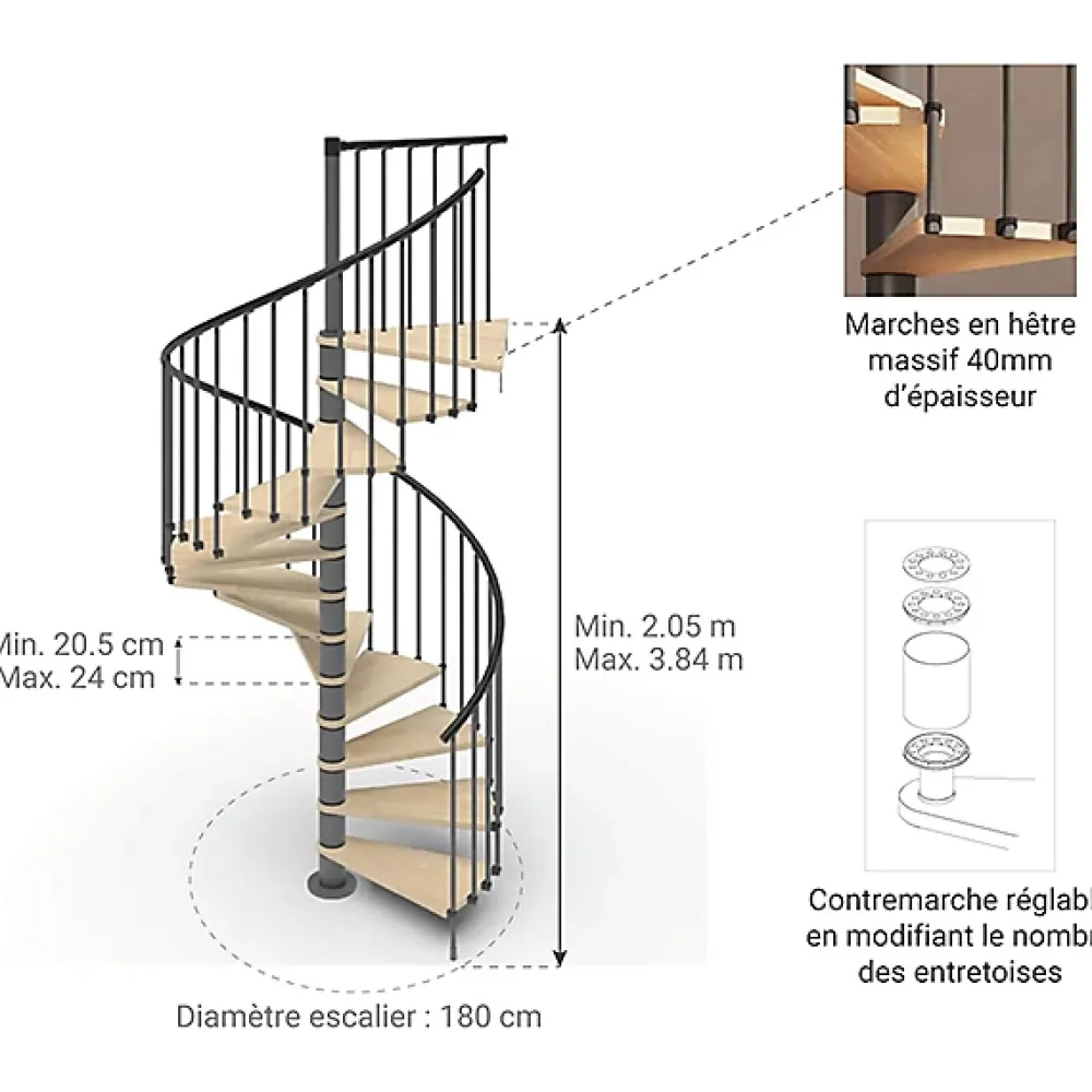 Matisere Escalier colimaçon 12 marches - Haut. à franchir 2.46 à 2.88m - Diam. 180cm - Trémie ronde - Struct. anthracite / marches Naturel- Escalier Colimaçon