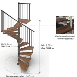 Matisere Escalier colimaçon 12 marches - Haut. à franchir 2.46 à 2.88m - Diam. 140cm - Trémie carrée - Struct. anthracite / marches noyer -- Escalier Colimaçon
