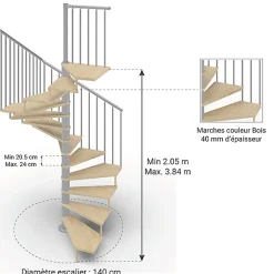 Matisere Escalier colimaçon 10 marches - Haut. à franchir 2.05 à 2.40m - Diam. 140cm - Trémie carrée - Struct. grise / marches naturel -- Escalier Colimaçon