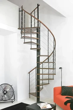 Matisere Escalier colimaçon 11 marches - Diamètre 140cm - Hauteur à franchir 2.15 à 2.59m - Noir et Noyer - VENE140-SNMNOY-11- Escalier Colimaçon
