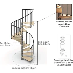 Matisere Escalier Colimaçon<Escalier colimaçon 15 marches - Haut. à franchir 3.08 à 3.60m - Diam. 180cm - Trémie ronde - Struct. anthracite / marches Naturel