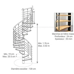 Matisere Escalier Colimaçon<Escalier colimaçon 15 marches - Diamètre 120cm - Hauteur à franchir 3.04 à 3.52m - Gris et Noyer - VENE120-SGMNOY-15