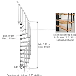 Matisere Escalier colimaçon 10 marches - Hauteur à franchir 2.09 à 2.59m - Structure noire et marche hêtre - Diamètre 120cm - SUON120/NH-10- Escalier Quart Tournant