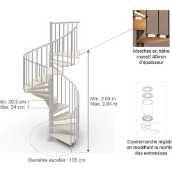 Matisere Escalier colimaçon 12 marches - Hauteur à franchir de 2.46m à 2.88m - Diamètre 1.05m - Structure blanche et marche blanchi -- Escalier Quart Tournant