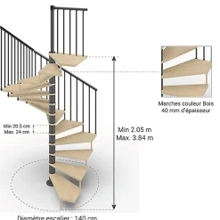 Matisere Escalier colimaçon 10 marches - Haut. à franchir 2.05 à 2.40m - Diam. 140cm - Trémie carrée - structure grise / marches naturel -- Escalier Colimaçon