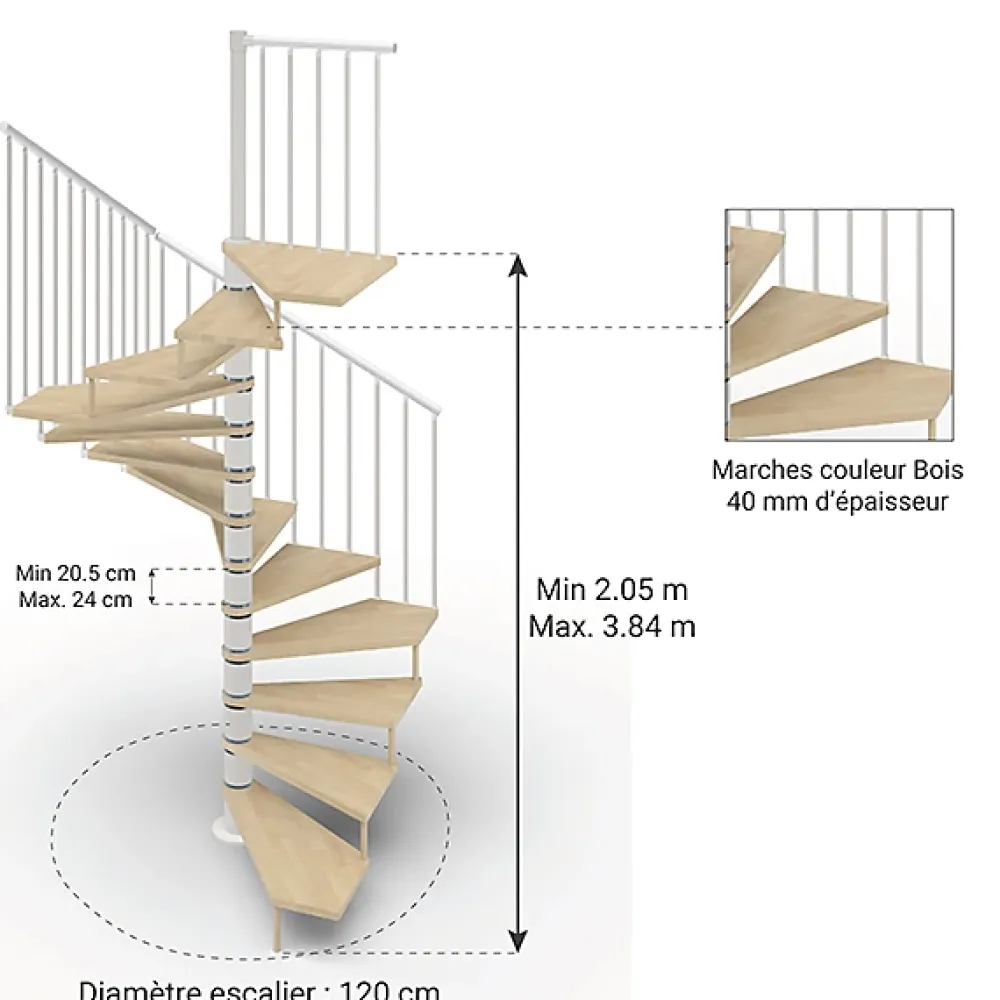 Matisere Escalier Colimaçon<Escalier colimaçon 14 marches - Haut. à franchir 2.84 à 3.36m - Diam. 120cm - Trémie carrée - Struct. blanche / marches naturel -