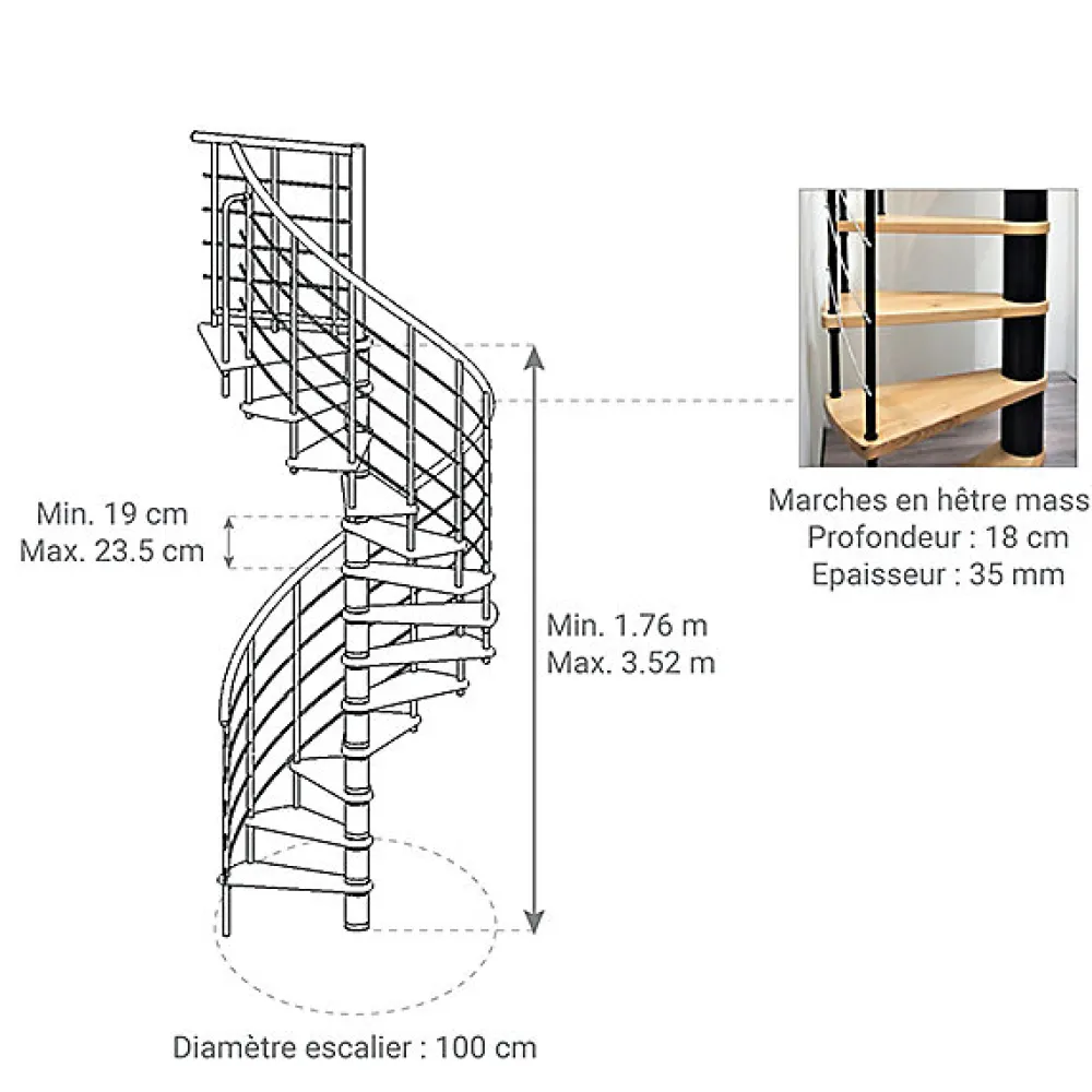 Matisere Escalier colimaçon 10 marches - Hauteur à franchir 1.95 à 2.35m - Structure grise et marche hêtre - Diamètre 100cm - VENE100/GH-10- Escalier Quart Tournant