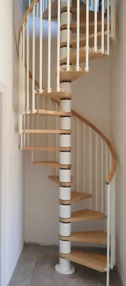 Matisere Escalier Quart Tournant<Escalier colimaçon 10 marches - Hauteur à franchir de 2.05 à 2.40m - Diamètre 1.05m - Structure blanche et marche naturel -