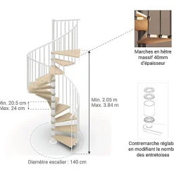 Matisere Escalier colimaçon 10 marches - Haut. à franchir 2.05 à 2.40m - Diam. 140cm - Struct. blanche et marche naturel - Trémie ronde -- Escalier Colimaçon