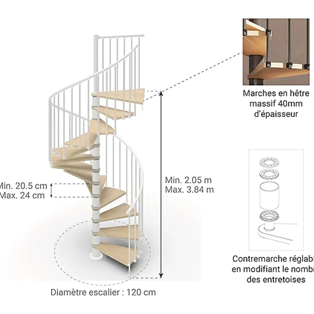 Matisere Escalier Colimaçon<Escalier colimaçon 13 marches - Haut. à franchir 2.67m à 3.12m - Diam. 120cm - Trémie ronde - Struct. blanche / marches naturel -