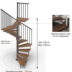 Matisere Escalier Colimaçon<Escalier colimaçon 16 marches - Haut. à franchir 3.28 à 3.84m - Diam. 120cm - Trémie carrée - Struct. anthracite / marches Noyer -