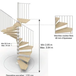 Matisere Escalier colimaçon 11 marches - Haut. à franchir 2.26 à 2.64m - Diam. 120cm - Trémie carrée - Struct. blanche / marches naturel -- Escalier Colimaçon