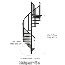Matisere Escalier colimaçon métal 10 marches - Hauteur à franchir 1.90 à 2.35m - Diamètre 120cm - Structure noire et marche noir -- Escalier Colimaçon