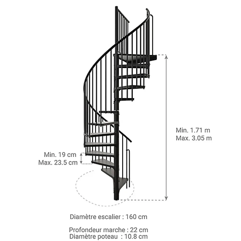 Matisere Escalier Colimaçon<Escalier colimaçon métal 10 marches - Hauteur à franchir 1.90 à 2.35m - Diamètre 160cm - Noir - RONDO160-NN-10
