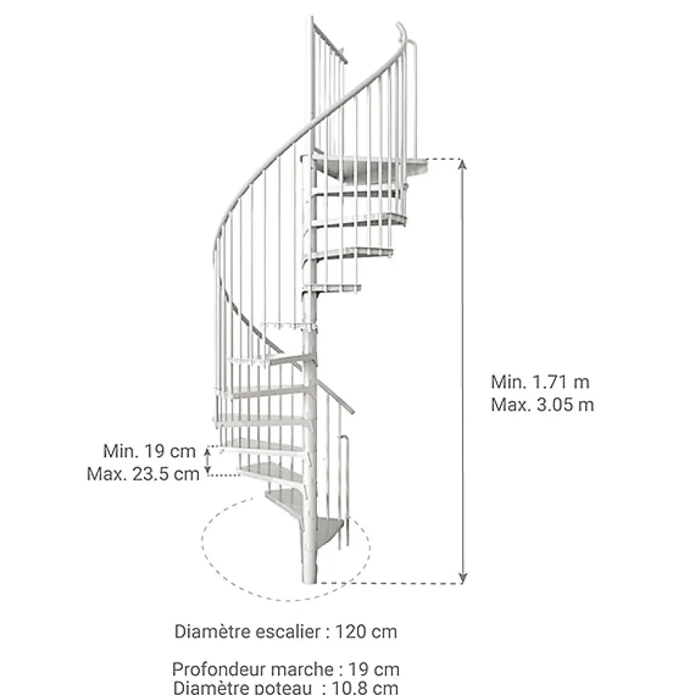 Matisere Escalier colimaçon métal 11 marches - Hauteur à franchir 2.09 à 2.59m - Diamètre 120cm - Structure blanche et marche blanche -- Escalier Colimaçon