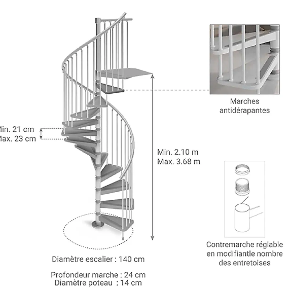 Matisere Escalier Colimaçon<Escalier colimaçon métal 13 marches - Hauteur à franchir 2.73 à 2.99m - Diamètre 140cm - Blanc - GAMIA140/BB-13