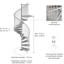 Matisere Escalier Colimaçon<Escalier colimaçon métal 12 marches - Hauteur à franchir 2.52 à 2.76m - Diamètre 120cm - Blanc - GAMIA120/BB-12