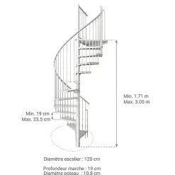 Matisere Escalier colimaçon métal 10 marches - Hauteur à franchir 1.90 à 2.35m - Diamètre 120cm - Structure blanche et marche blanche -- Escalier Colimaçon