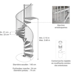 Matisere Escalier Colimaçon<Escalier colimaçon métal 16 marches - Hauteur à franchir 3.36 à 3.68m - Diamètre 140cm - Blanc - GAMIA140/BB-16