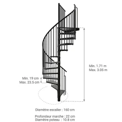 Matisere Escalier Colimaçon<Escalier colimaçon métal 11 marches - Hauteur à franchir 2.09 à 2.59m - Diamètre 160cm - Noir - RONDO160-NN-11