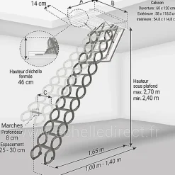 Matisere Escalier coupe feu 60min - Hauteur sous plafond 2.70m - Trémie 60x120cm - LSF60120/270- Escalier Escamotable