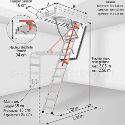Matisere Escalier coupe feu 120min - Hauteur sous plafond 3.05m - Trémie 70x140cm - LMF70140-305- Escalier Escamotable