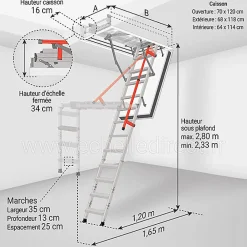 Matisere Escalier Escamotable<Escalier coupe feu 120min - Hauteur sous plafond 2.80m - Trémie 70x120cm - LMF70120-280