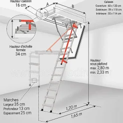 Matisere Escalier coupe feu 120min - Hauteur sous plafond 2.80m - Trémie 60x120cm - LMF60120-280- Escalier Escamotable