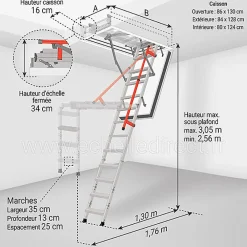 Matisere Escalier coupe feu 120min - Hauteur sous plafond 3.05m - Trémie 86x130cm - LMF86130-305- Escalier Escamotable