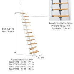 Matisere Escalier Droit<Escalier droit 12 marches - Hauteur à franchir 2.23 à 2.94m - Blanc et hêtre - TWISTER60-I-BH-12