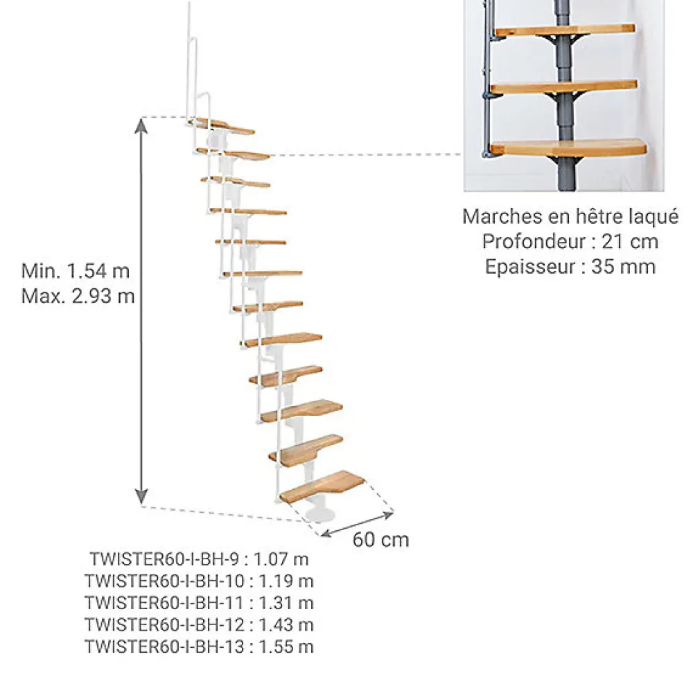 Matisere Escalier Droit<Escalier droit 10 marches - Hauteur à franchir 1.89 à 2.49m - Blanc et hêtre - TWISTER60-I-BH-10