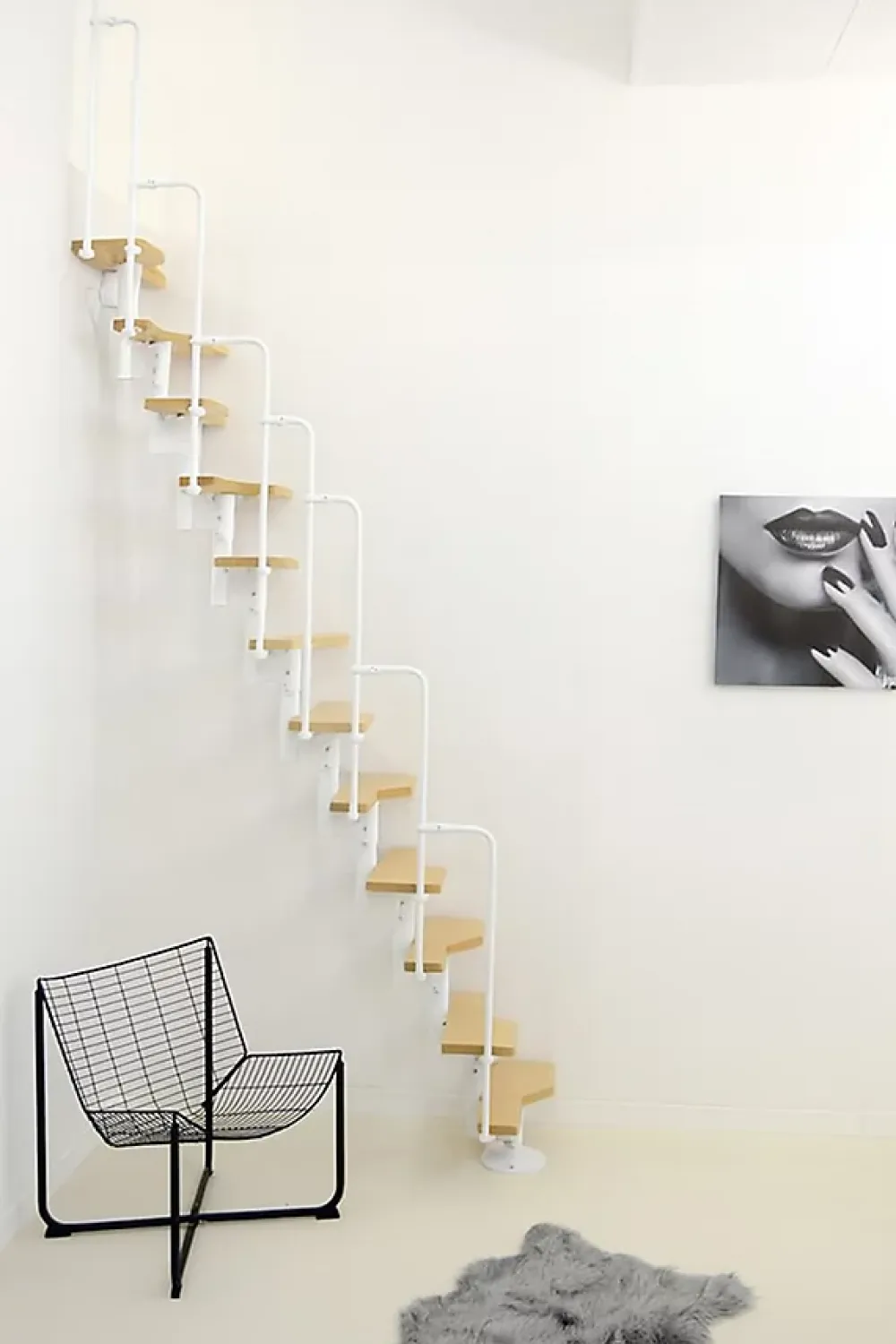 Matisere Escalier droit 9 marches - Hauteur à franchir 1.72 à 2,26m - Blanc et hêtre - TWISTER60-I-BH-9- Escalier Droit