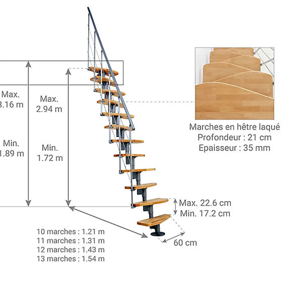 Matisere Escalier Droit<Escalier droit 12 marches - Hauteur à franchir 2.23 à 2.94m - Largeur 65cm - Structure grise et marche hêtre - NIZZA60/I/GH-12
