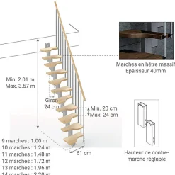 Matisere Escalier Droit<Escalier droit 14 marches - Hauteur à franchir de 3.01 à 3.57m - Largeur 61cm - Couleur naturel et blanc - MINI61/I/SGMNAT-14
