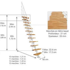 Matisere Escalier Droit<Escalier droit 11 marches - Hauteur à franchir 2.06 à 2.70m - Largeur 65cm - Structure blanche et marche hêtre - NIZZA60/I/BN-11