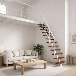 Matisere Escalier droit 10 marches - Hauteur à franchir 1.89 à 2.49m- Largeur 65cm - Structure blanche et marche noyer - NIZZA60/I/SBMNO-10- Escalier Droit