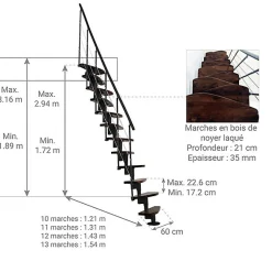 Matisere Escalier Droit<Escalier droit 11 marches - Hauteur à franchir 2.06 à 2.70m- Largeur 65cm - Structure noire et marche noyer - NIZZA60/I/SNMNO-11