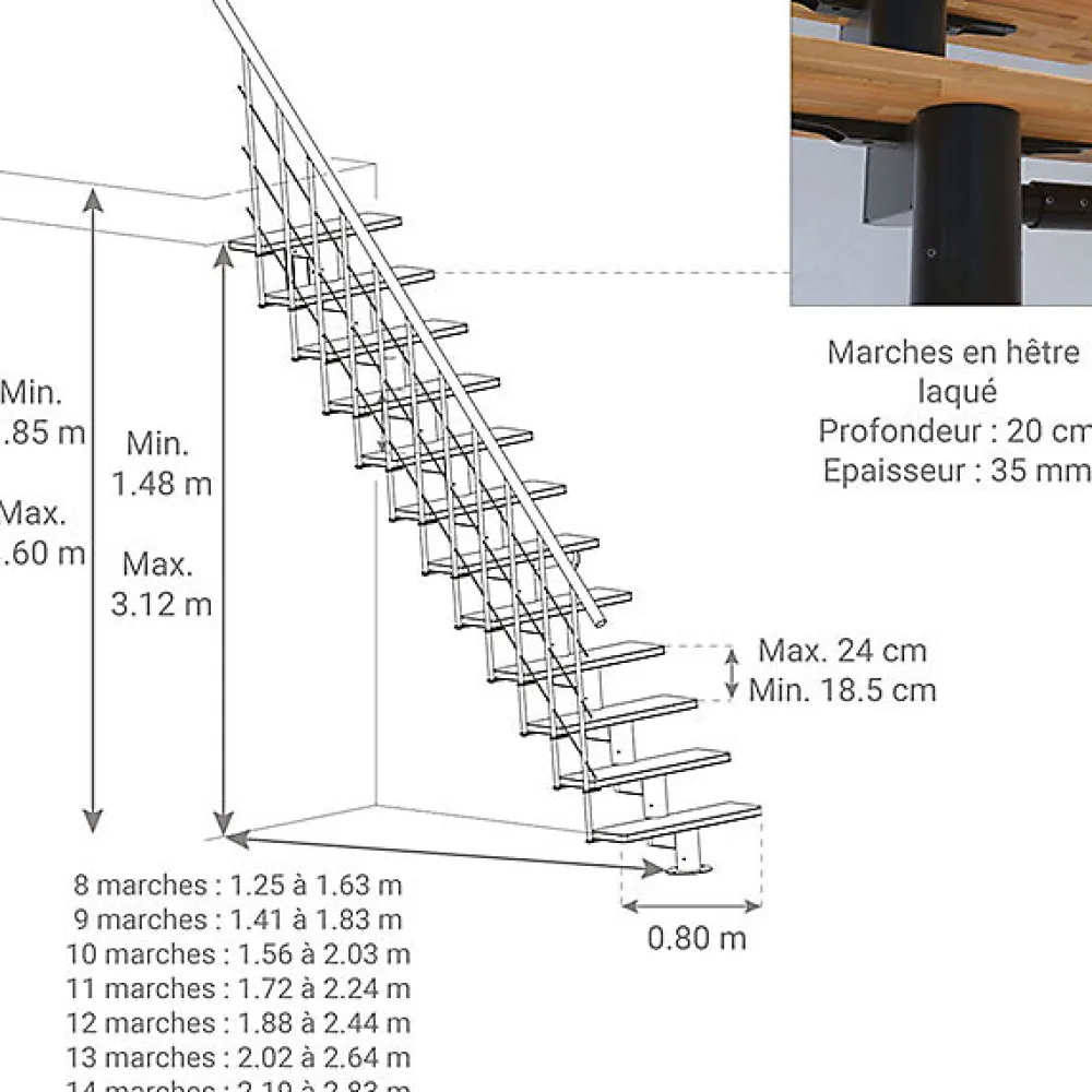 Matisere Escalier droit 8 marches - Hauteur à franchir 1.85 à 2.16m- Largeur 80cm - Structure noire et marche noyer - COMFO80/I/NN-8- Escalier Droit