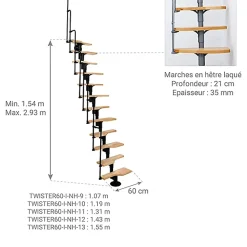 Matisere Escalier Droit<Escalier droit 13 marches - Hauteur à franchir 2.41 à 3.16m- Noir et Hêtre - TWISTER60-I-NH-13