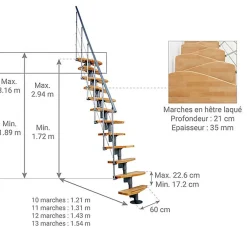 Matisere Escalier droit 10 marches - Hauteur à franchir 1.89 à 2.49m- Largeur 65cm - Structure grise et marche hêtre - NIZZA60/I/GH-10- Escalier Droit