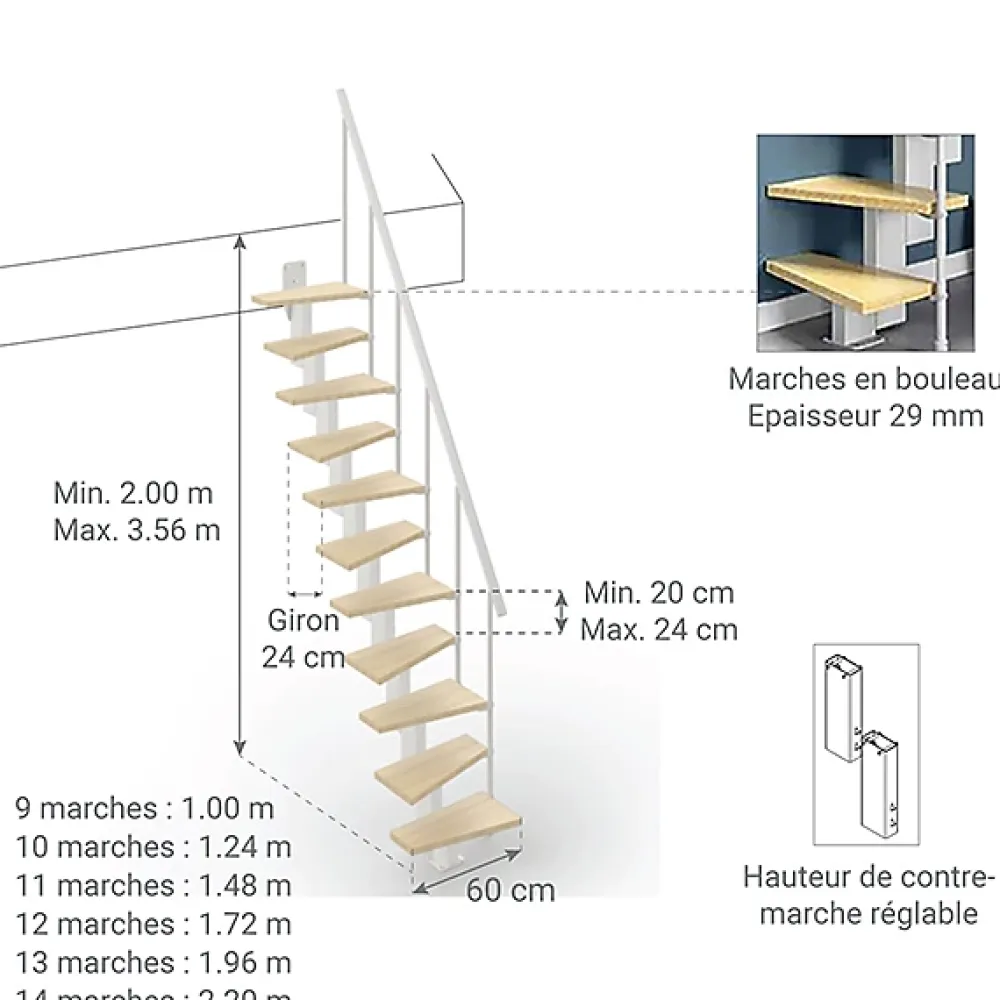 Matisere Escalier droit 12 marches - Hauteur à franchir de 2.60 à 3.08m - Largeur 60cm - Couleur bois et blanc - SMALL60/I-SBNAT-12- Escalier Droit
