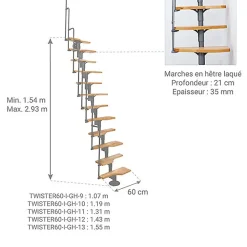 Matisere Escalier Droit<Escalier droit 12 marches - Hauteur à franchir 2.23 à 2.93m - Gris et hêtre - TWISTER60-I-GH-12