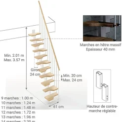 Matisere Escalier Droit<Escalier droit 10 marches - Hauteur à franchir de 2.21 à 2.61m - Largeur 61cm - Couleur naturel et blanc - MINI61/I/SBMNAT-10